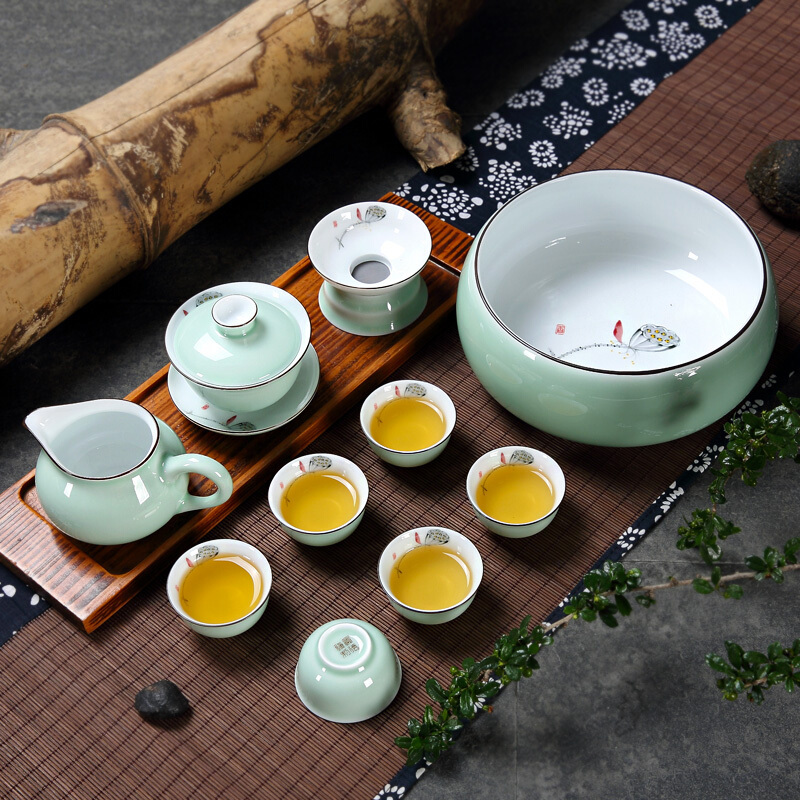 青瓷手绘功夫茶具套装中式整套茶具客厅家用陶瓷釉下盖碗茶壶茶杯