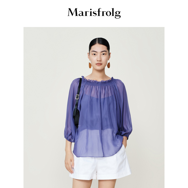 【桑蚕丝雪纺面料】玛丝菲尔2022夏季新款气质紫罗兰色T恤上衣女