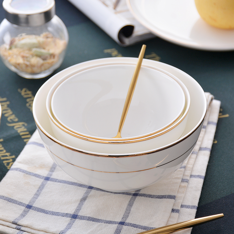 金边碗骨瓷碗6英寸泡面碗白瓷碗家用汤碗中式米饭碗简约陶瓷大碗