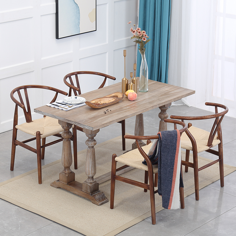 美式复古实木桌餐桌椅组合做旧拉丝法式餐厅长方桌咖啡欧式家用