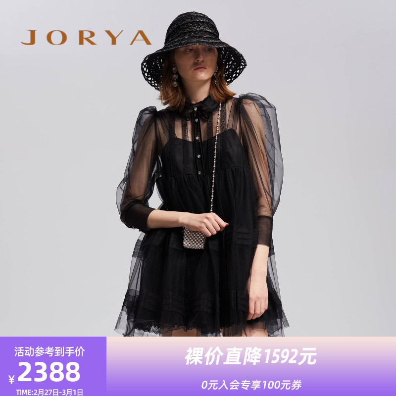JORYA商场同款2021春新款娃娃领系带透视网纱连衣裙M1403902