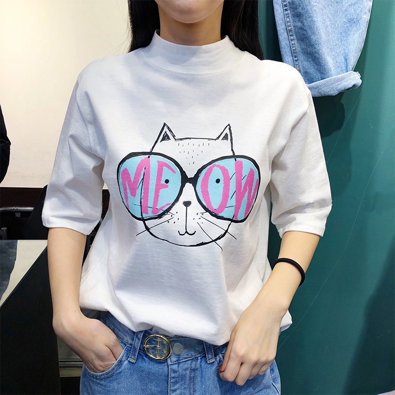 2019夏装新款韩版宽松卡通猫短袖半高领T恤女纯棉百搭上衣打底衫