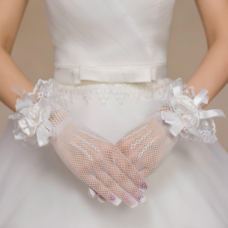 韩式短款新娘结婚手套红色白色蕾丝网格手套新娘手套婚纱手套
