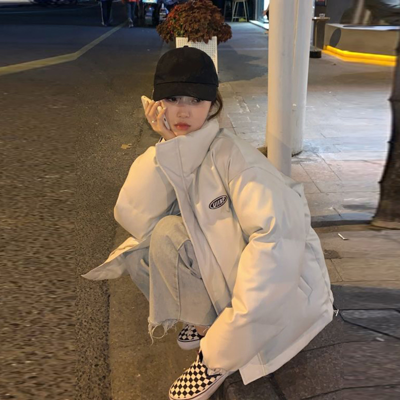 韩版白色PU皮棉服女秋冬洋气宽松加厚保暖面包服减龄立领棉衣外套
