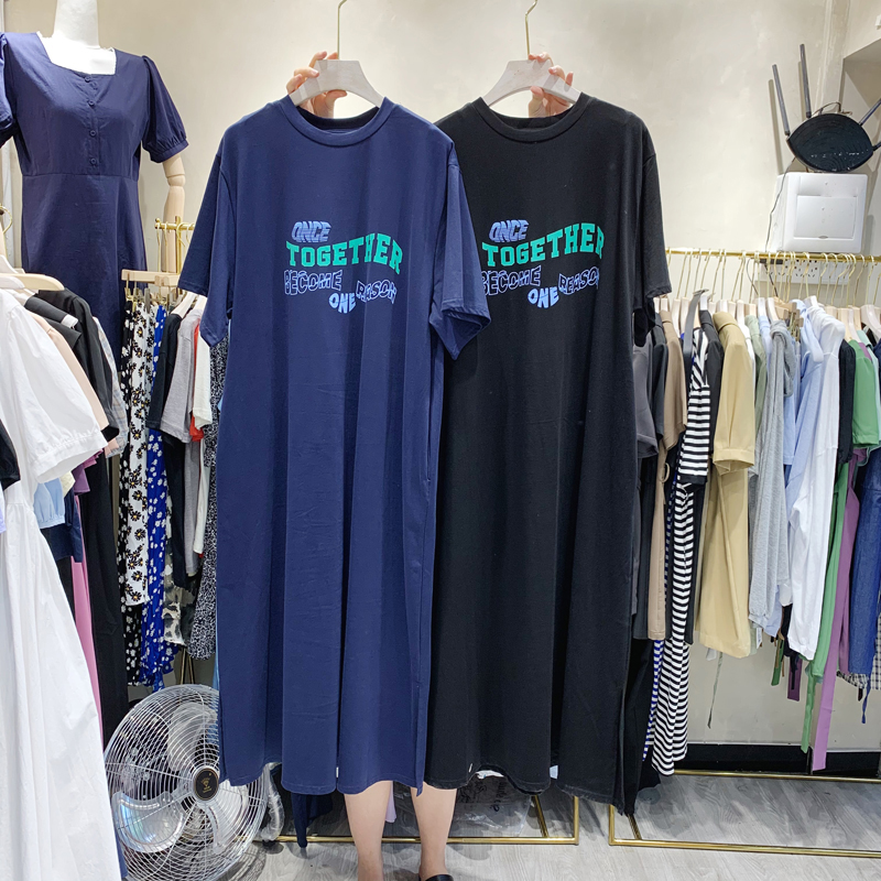2022东大门女装夏装新款韩版时尚宽松长款字母纯棉短袖T恤连衣裙