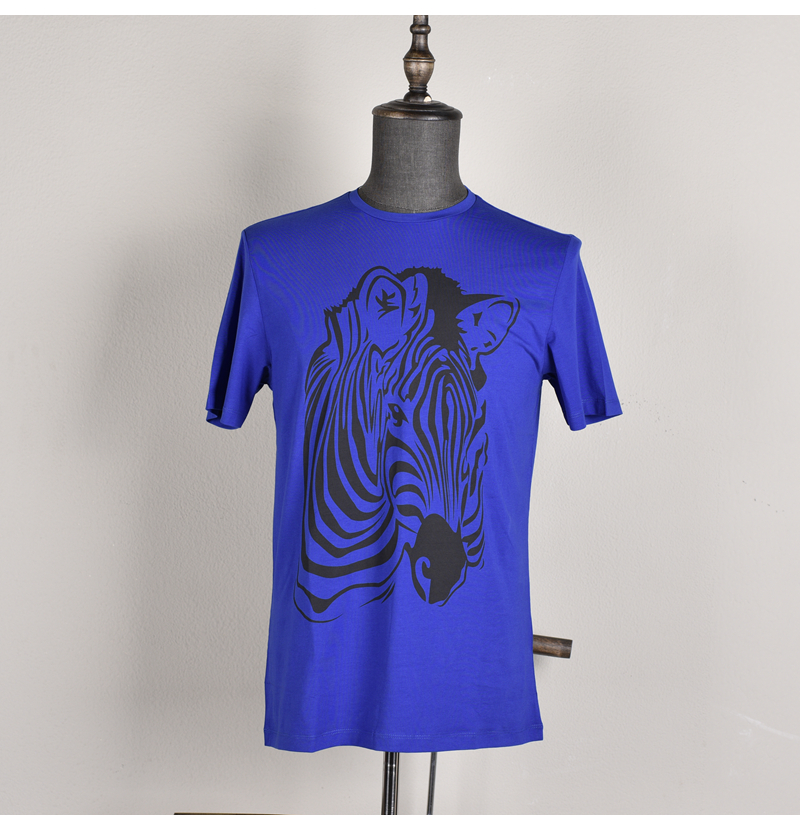 masamaso玛萨玛索男士夏季深蓝色斑马图案休闲时尚短袖针织T恤衫