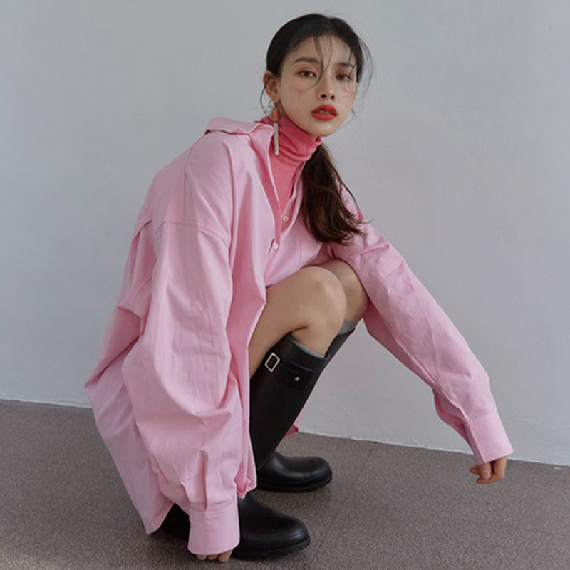 韩国东大门春装新款少女心桃粉色宽松bf风中长款长袖衬衫外套上衣