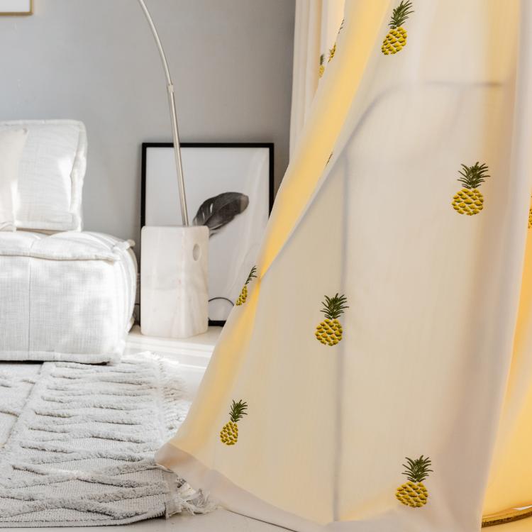 人字麻窗帘绣花菠萝米色半遮光布窗纱白纱北欧植物卧室客厅布艺厚