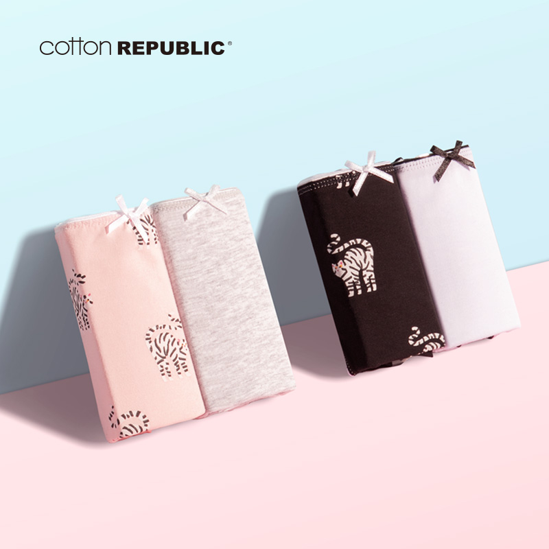 Cotton Republic/棉花共和国女内裤中腰简约猫咪图案黑白粉灰棉