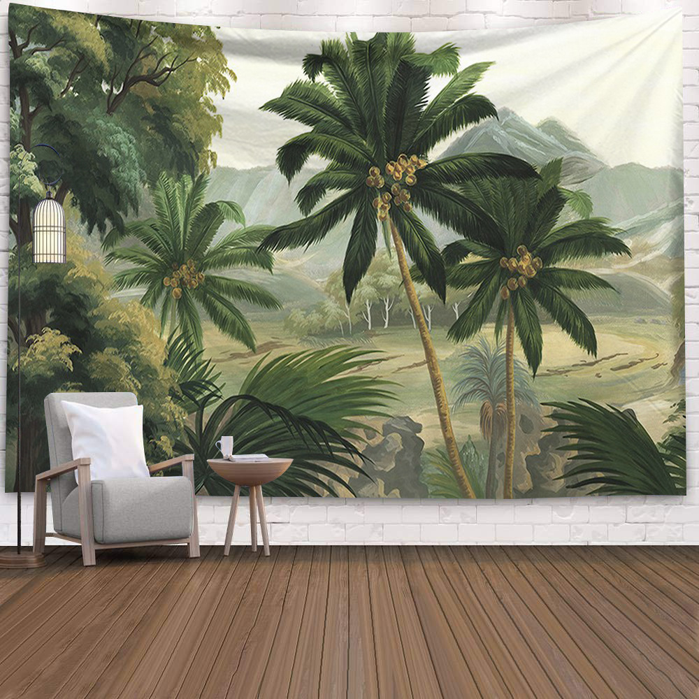 超大墙壁装饰挂毯热带雨林椰树直播背景布床头卧室客厅壁毯挂布帘