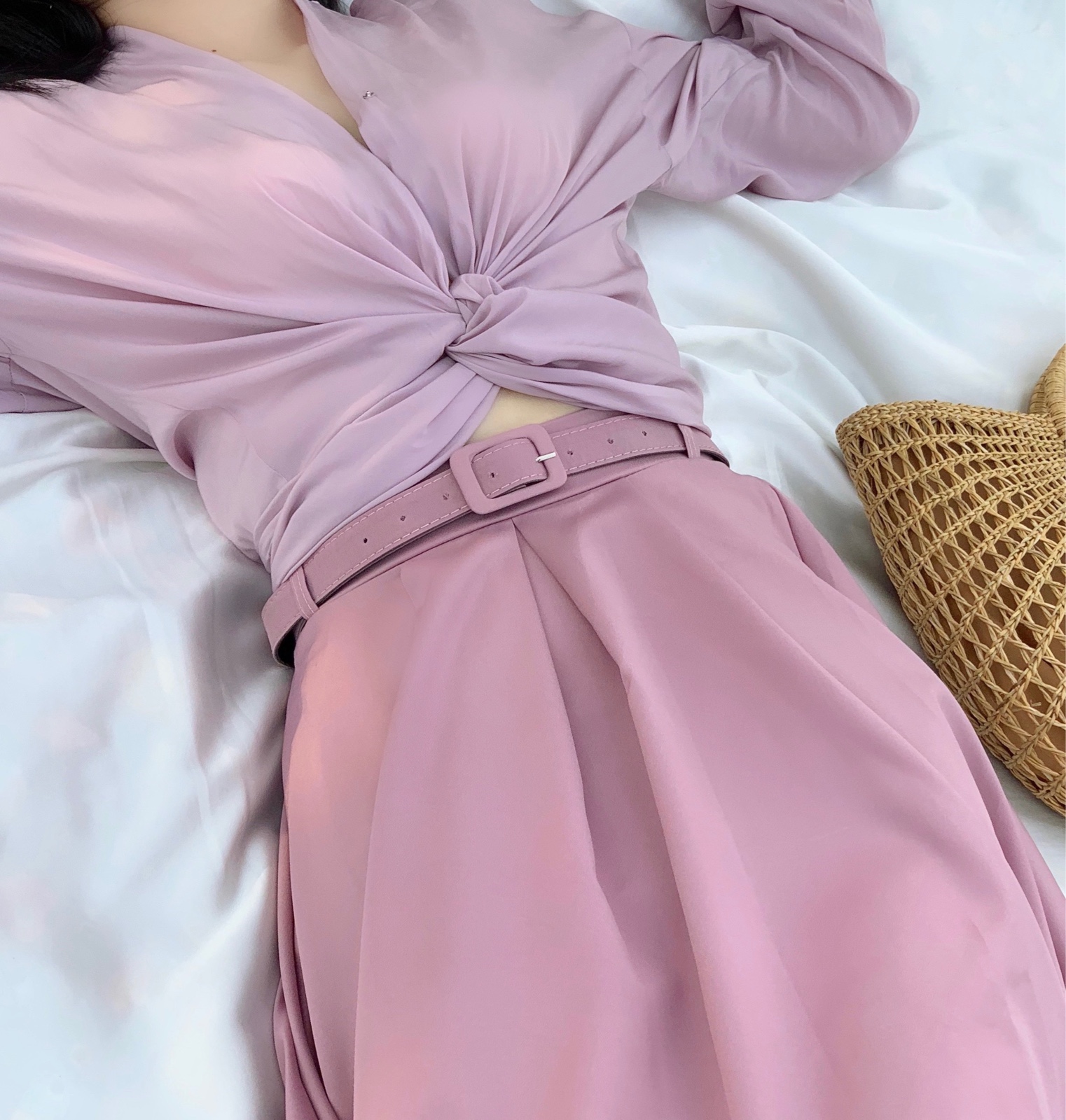 晚时光新款复古高腰半身裙 法式温柔粉紫色伞裙A字裙 送腰带