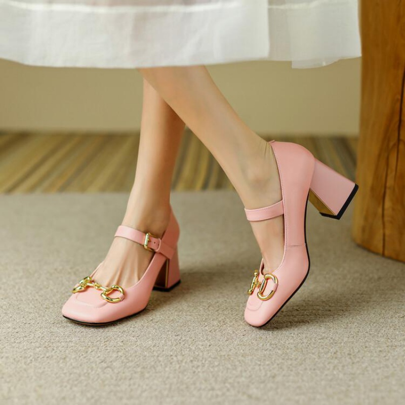 粉红色高跟鞋女2022年新款夏款玛丽珍小皮鞋粗跟女鞋真皮单鞋 CZ