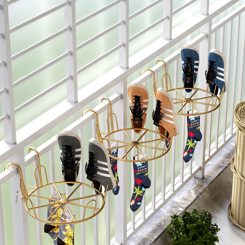 简约家用铁艺栏杆晾鞋架室外阳台晒鞋子免安装悬挂式拖鞋收纳神器