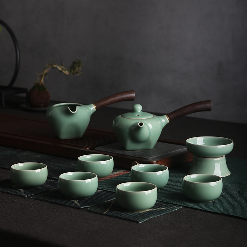 龙泉天圆地方青瓷侧把壶功夫茶具套装家用简约茶海陶瓷茶杯中式