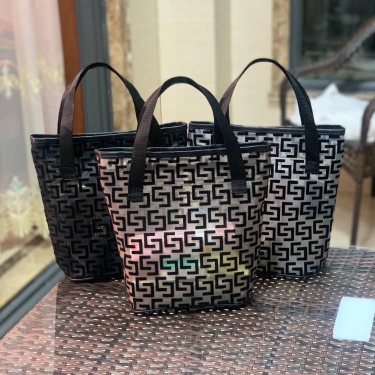 新款韩版透明网纱镂空植绒字母轻便大容量购物袋饭盒妈咪包手拎包
