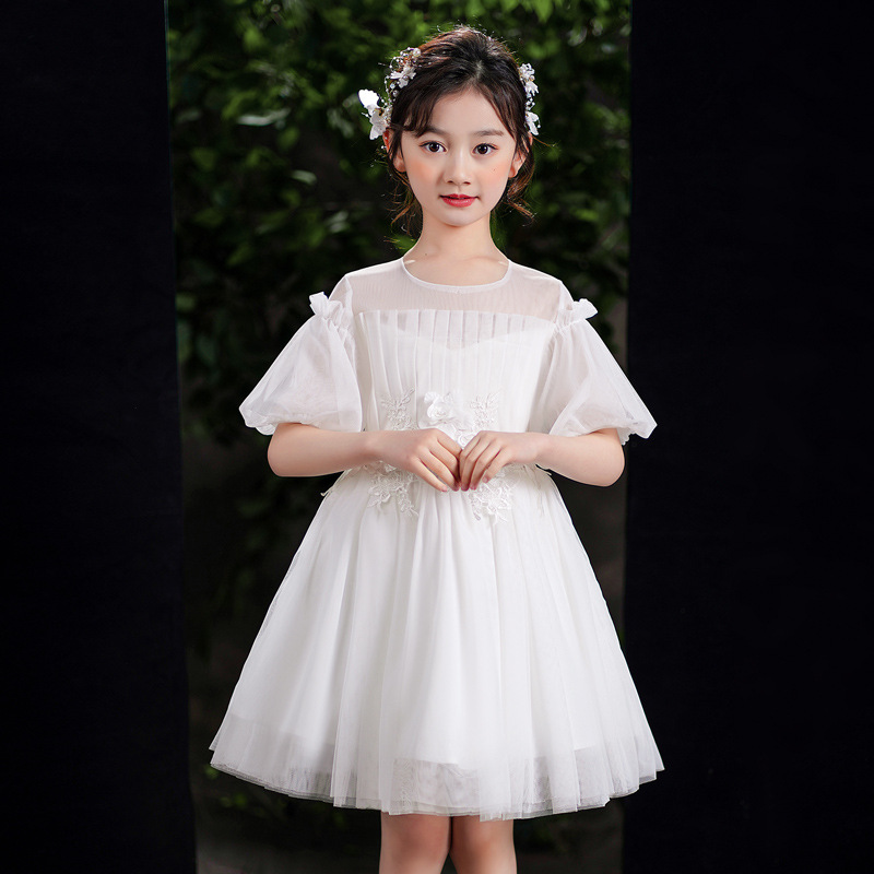 女童公主礼服裙网纱喇叭袖蓬蓬裙小主持人礼服花朵装饰白色连衣裙