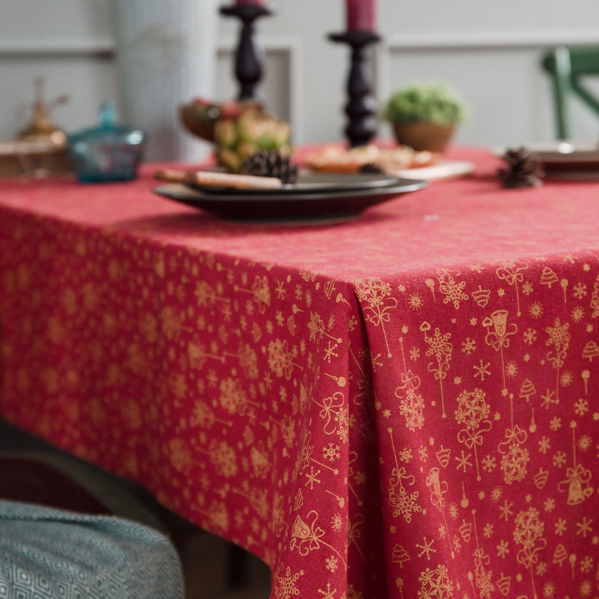 风铃日式印花棉麻桌布圣诞红色绿色烫金桌布复古桌布盖布茶几布