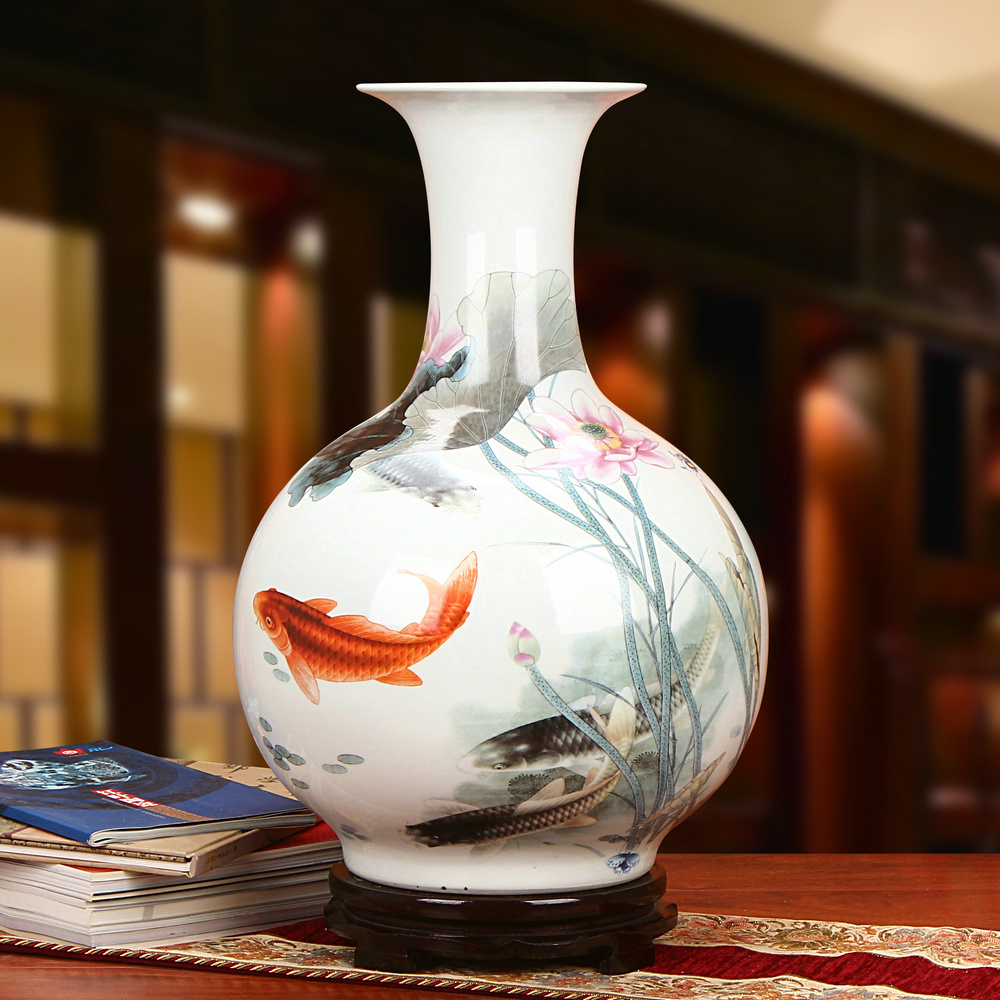 景德镇陶瓷器 粉彩年年有余鱼赏瓶落地大花瓶 现代田园家居摆件设
