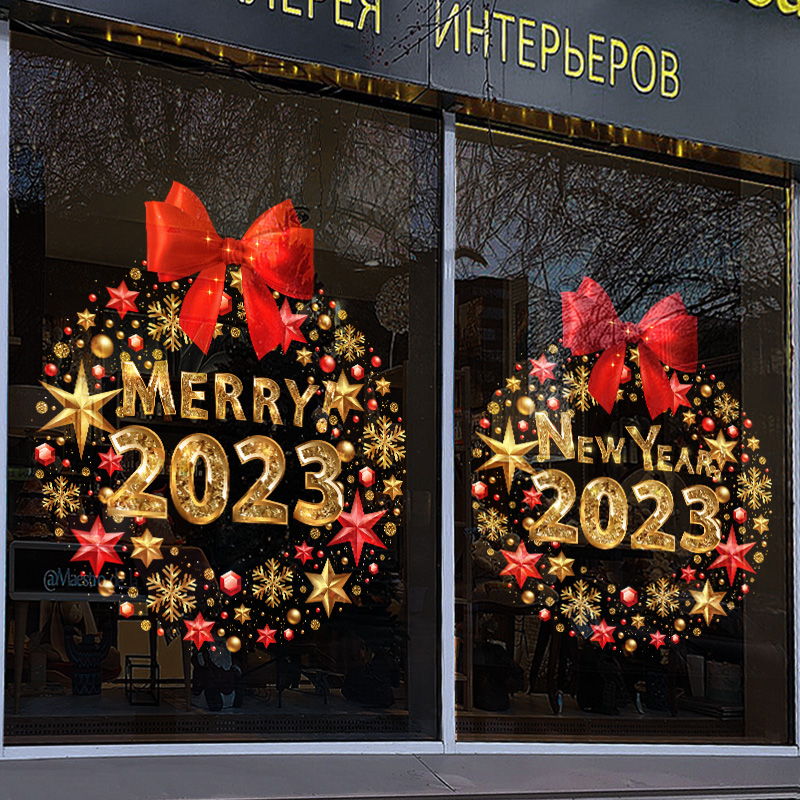2023圣诞新年装饰品玻璃门贴纸花环店铺节日氛围布置静电橱窗花贴