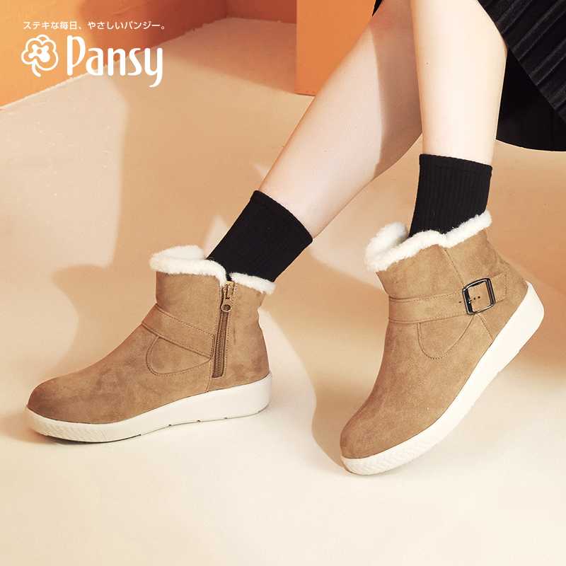 Pansy日本雪地靴女加绒加厚保暖羊毛短靴妈妈棉鞋高帮冬季女鞋