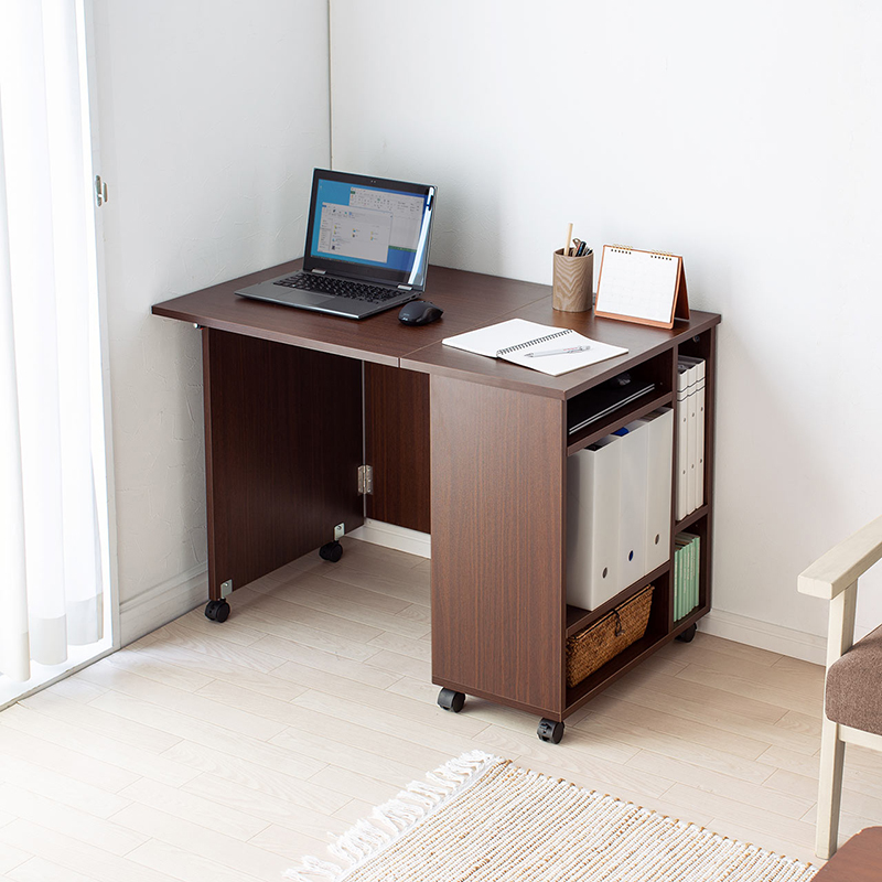 日本SANWA折叠办公桌书桌书架可移动多功能一体家用学生电脑桌可折叠写字台小卧室连体书桌柜隐藏伸缩桌子
