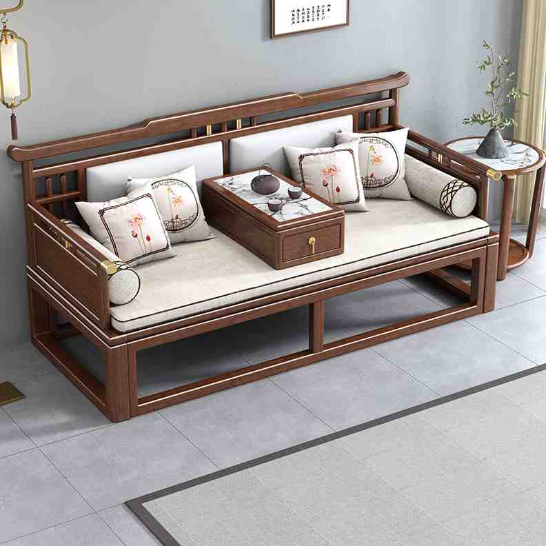 新中式实木罗汉床两用多功能伸缩折叠推拉沙发床小户型轻奢胡桃木