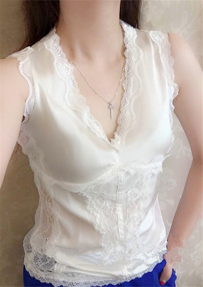 白色蕾丝吊带背心女夏打底衫外穿性感西装内搭V领仿真丝无袖上衣