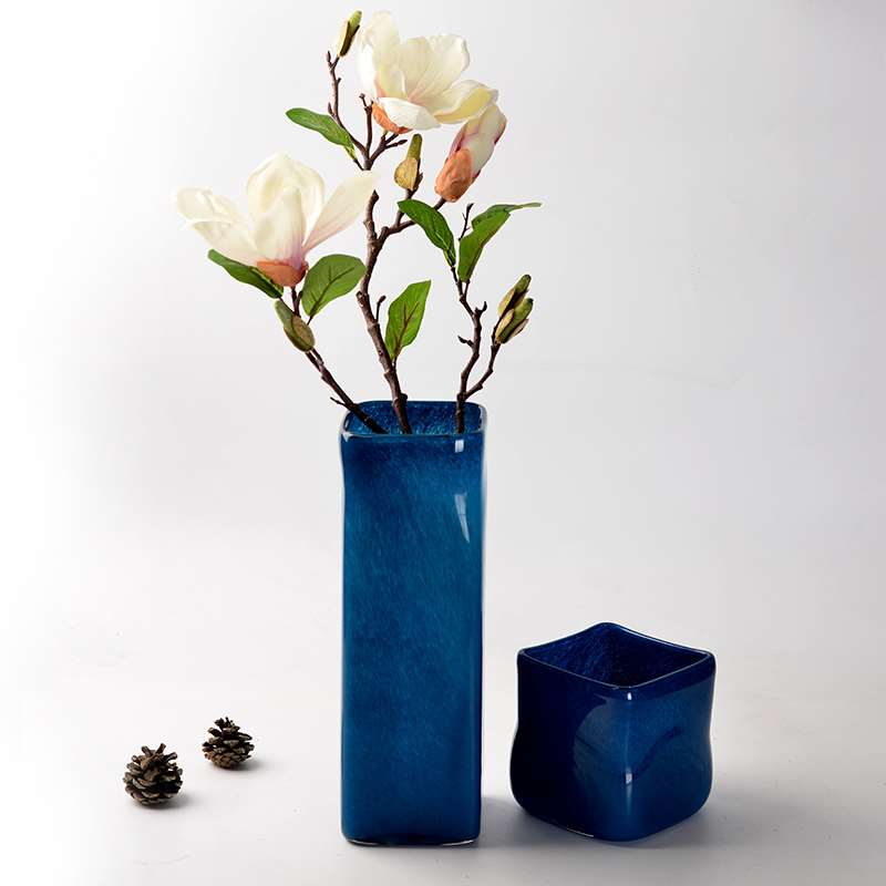 高档面干花玻璃花瓶高台款 方形插花花器地中海深蓝色摆件 简欧装