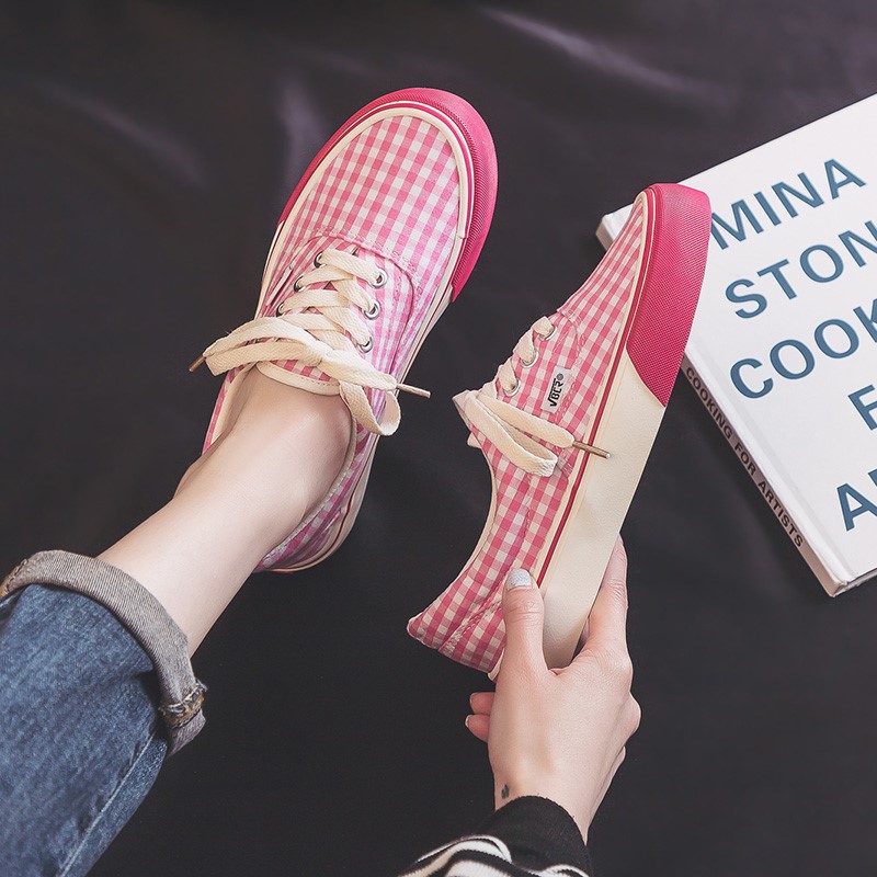 2021年春季新款粉红色格子帆布鞋女日系可爱甜美少女板鞋ins布鞋