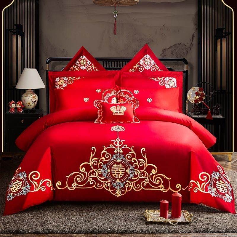婚庆四件套全棉床上用品新婚床品多件套纯棉被套大红结婚房套件
