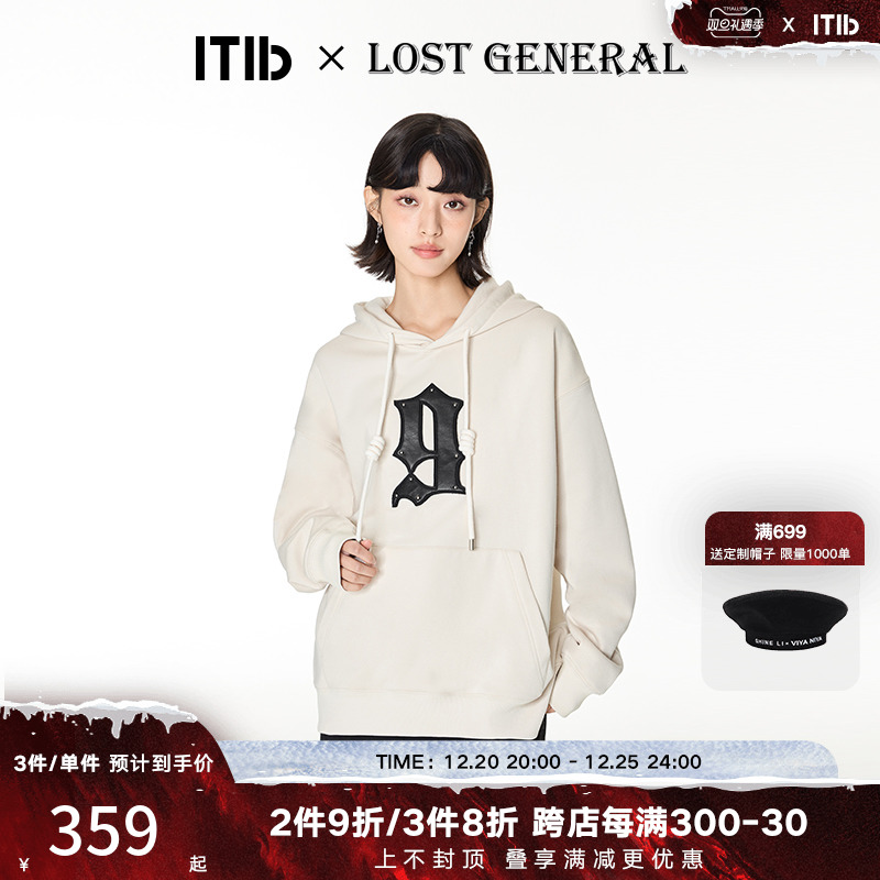 ITIBx LOST GENERAL设计师联名 贴标纯色连帽卫衣女中长款加绒