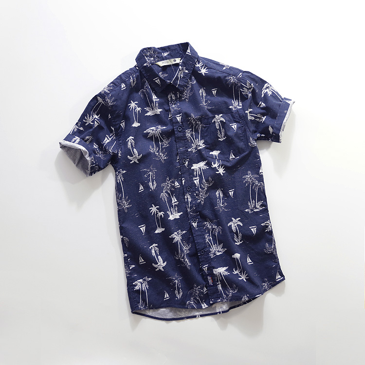 S170美式度假 椰子树深蓝色民族夏威夷短袖男休闲衬衣纯棉