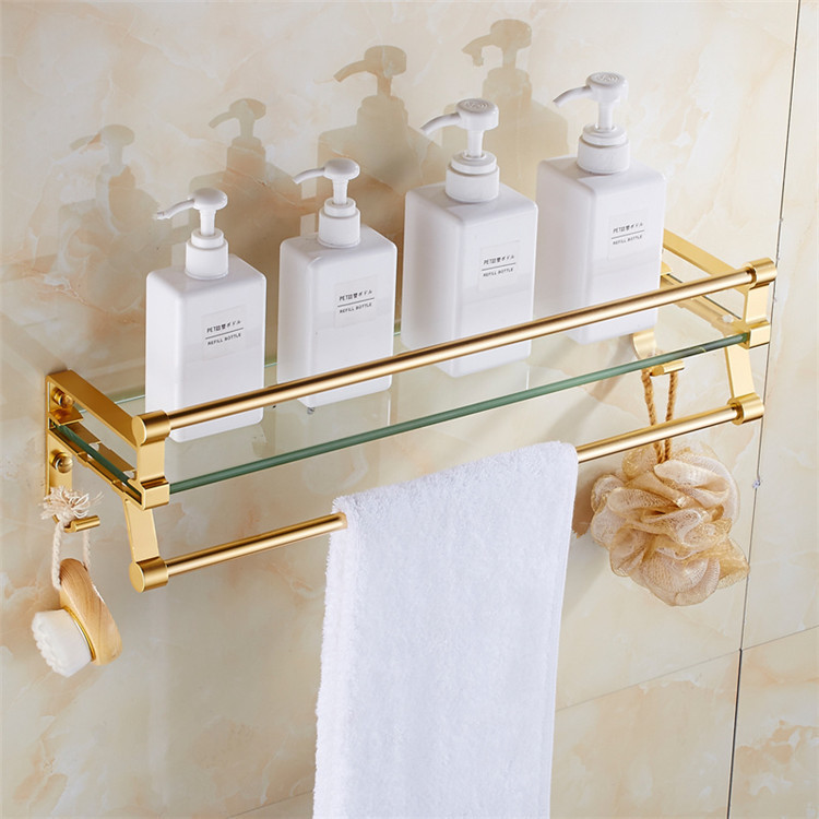 金色浴室置物架免打孔壁挂式玻璃化妆台卫生间置物架收纳架毛巾架