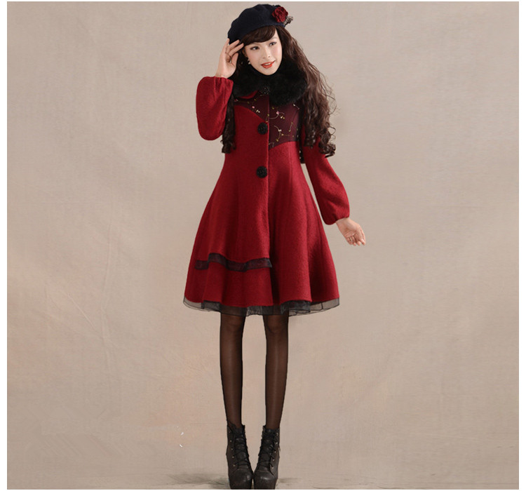 烟花熨SD2021秋冬季新款甜美气质修身蕾丝毛呢外套大衣 樱桃红了