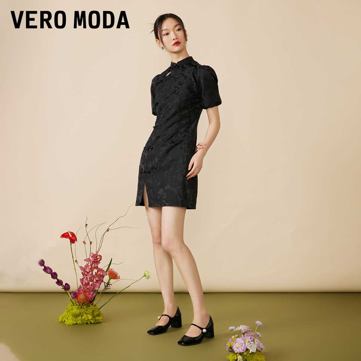 VeroModa2022夏新款收腰新中式旗袍性感黑色连衣裙女|32226Z008