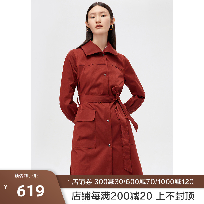 JUZUI玖姿2022秋季新款纯色气质款系带收腰女风衣外套