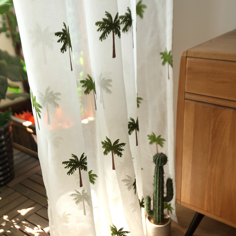 椰子树绣花窗纱 网红纱帘北欧风格 成品客厅卧室阳台窗帘纱帘椰林