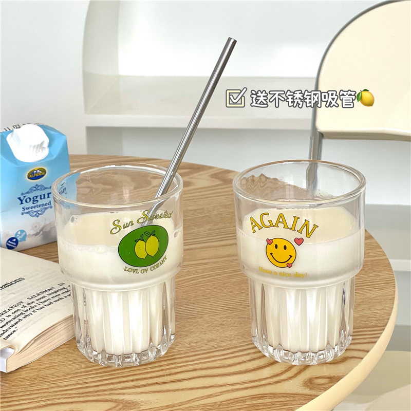 绿色柠檬 ins小清新笑脸卡通可爱吸管玻璃杯牛奶杯家用果汁早餐杯
