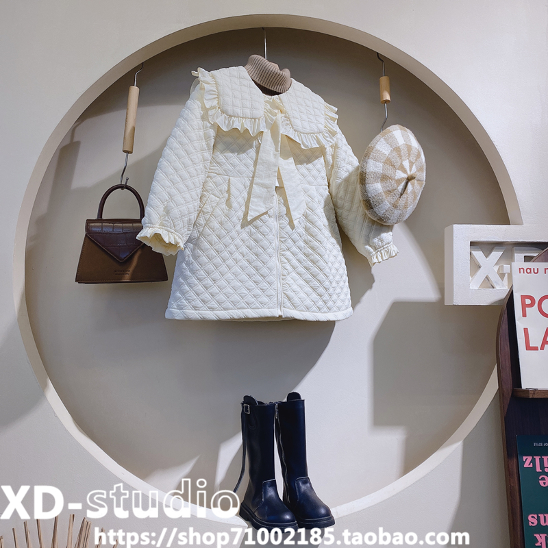 不退不换2021冬新品女童韩版洋气压皱方领系带设计绗缝羽绒服外套