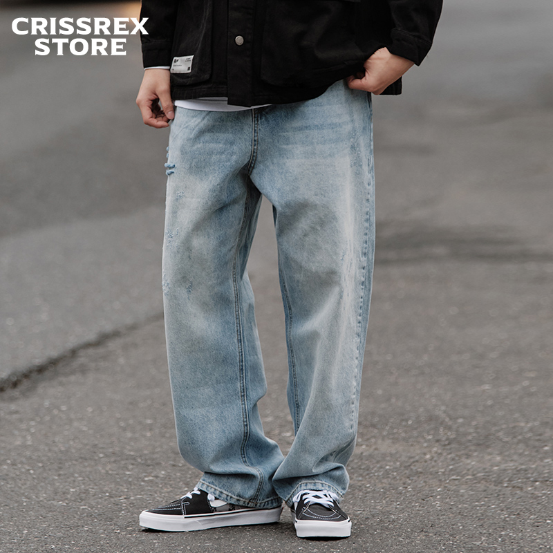 Crissrex Store RETROMIND 浅蓝色水洗小破洞牛仔裤宽松九分长裤