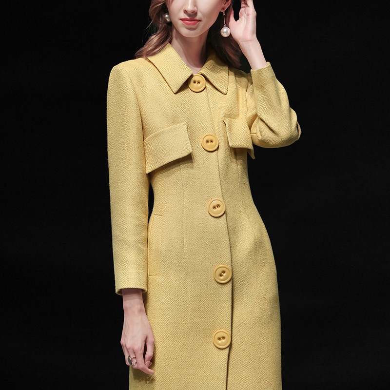 秋冬季女装2019新款黄色修身粗花呢子大衣复古收腰中长款毛呢外套