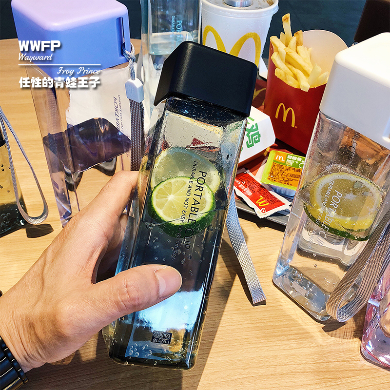 方形简约水杯便携耐摔随手杯塑料个性杯子透明防漏带盖创意小清新