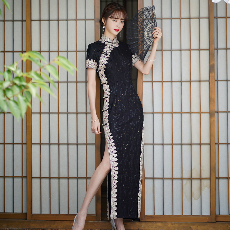 黑色改良蕾丝长旗袍2022年新款中国风日常可穿短袖显瘦连衣裙优雅
