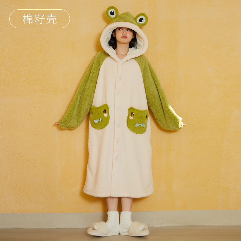 加厚保暖长款珊瑚绒睡袍女2022冬季新款绿色可爱小青蛙浴袍家居服
