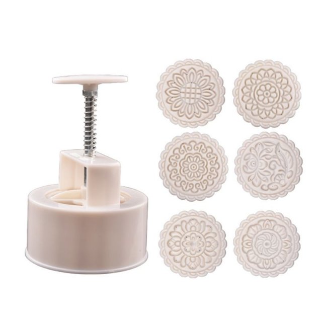 250g Mooncake Mold with 6pcs Round Flower Stamps Hand Press