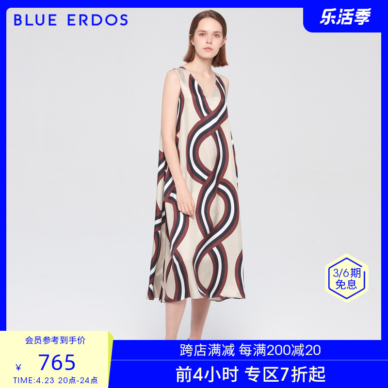 BLUE ERDOS女装 春夏气质时尚抽象印花V领真丝无袖连衣裙