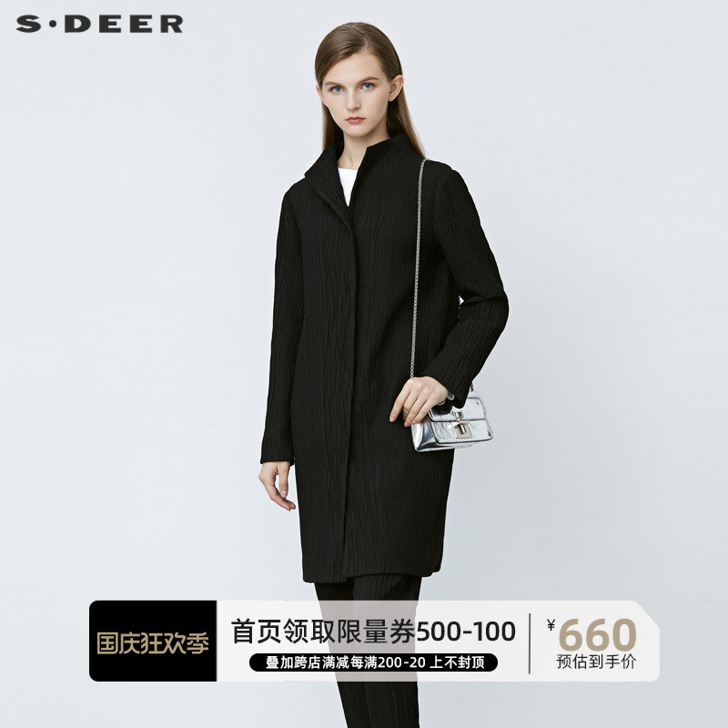 sdeer圣迪奥女装冬季百搭时尚立领肌理褶皱黑色长款风衣S21481701