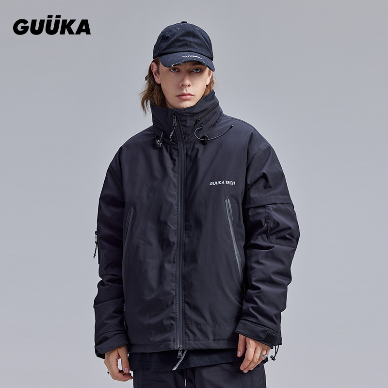 GUUKA黑色半高领羽绒服男冬季 机能风可收纳帽子冲锋衣外套宽松潮