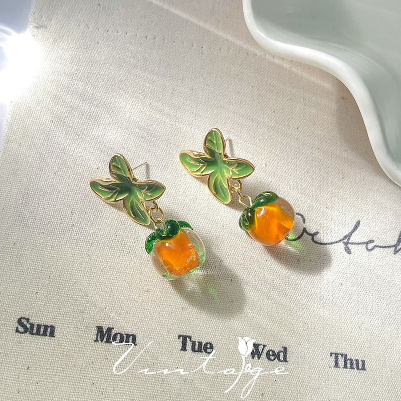 「柿柿如意」玻璃柿子复古绝美日系少女橘色琉璃新年耳钉/耳夹