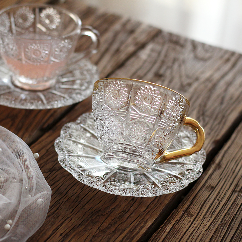 中古复古浮雕刻花咖啡杯碟套装下午茶花茶杯碟家用玻璃早餐甜品杯